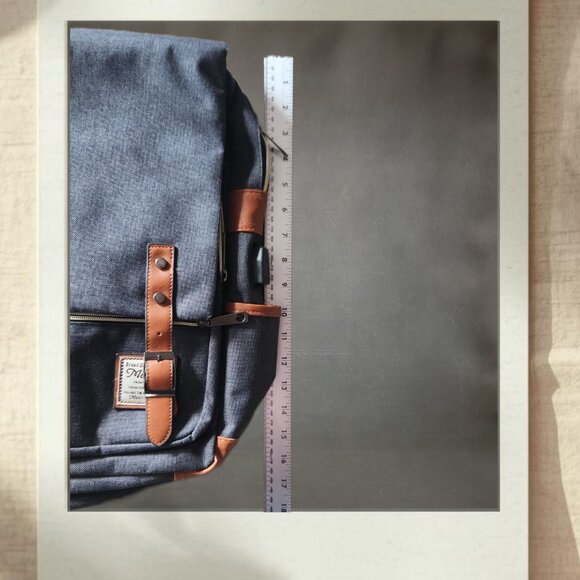 Vintage Style Laptop Backpack with USB Charging Port - Dark Gray With Brown Trim - Picture 3 of 4